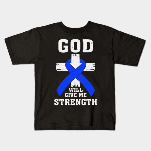 Christian God Will Give Me Strength Chronic Fatigue Syndrome Awareness Blue Ribbon Warrior Kids T-Shirt by celsaclaudio506